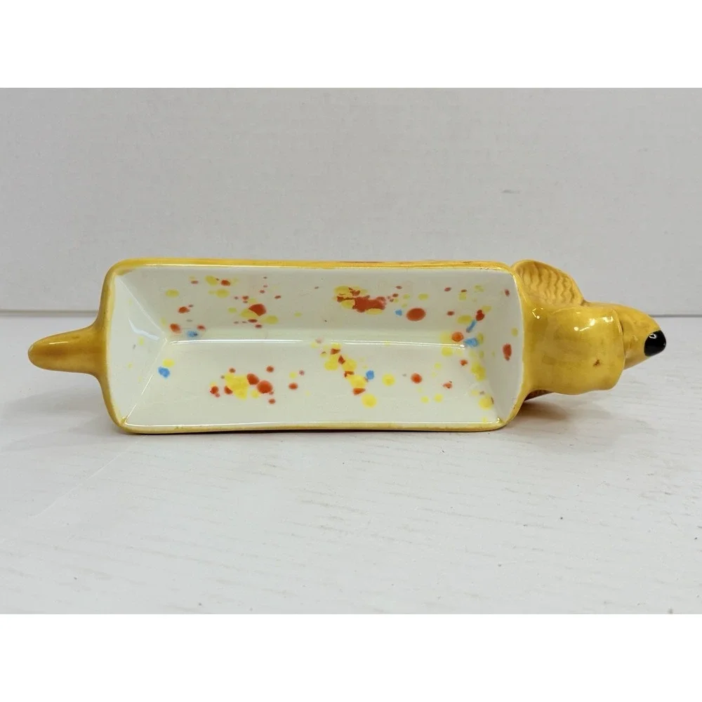 Ceramic Dachshund Dog Planter Trinket Dish Catchall Yellow 10